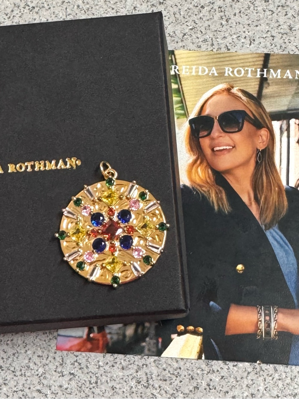 Freida Rothman Gold Medallion Pendant With Multicolored CZ Stones